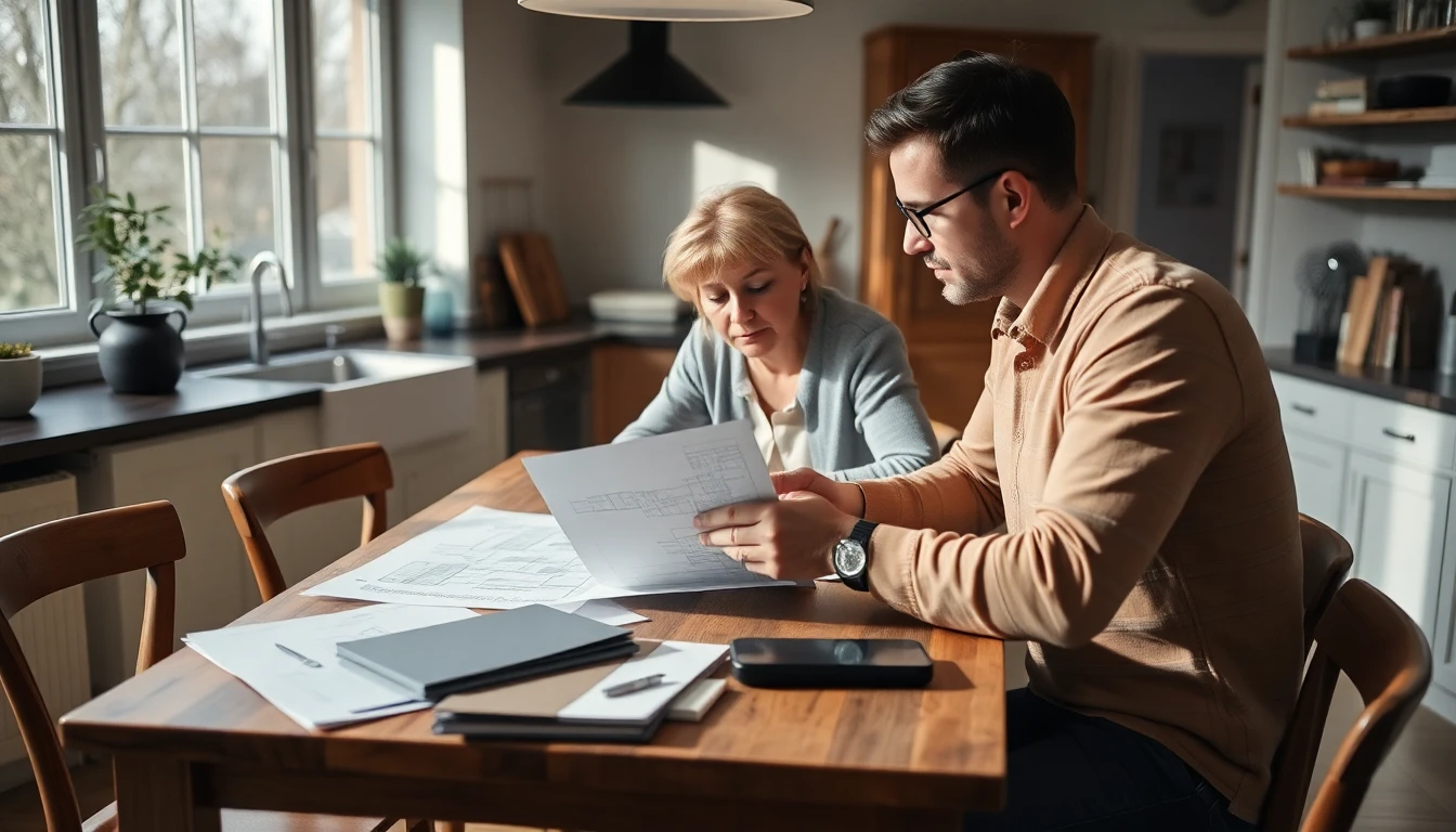 Huiseigenaar bespreekt verbouwingsplannen met aannemer aan keukentafel met blueprints