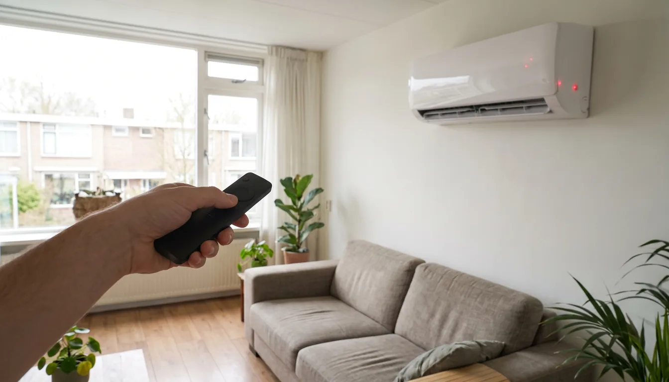 Binnenunit van een split-airco aan de wand met een knipperend rood storingslampje, een hand richt de afstandsbediening