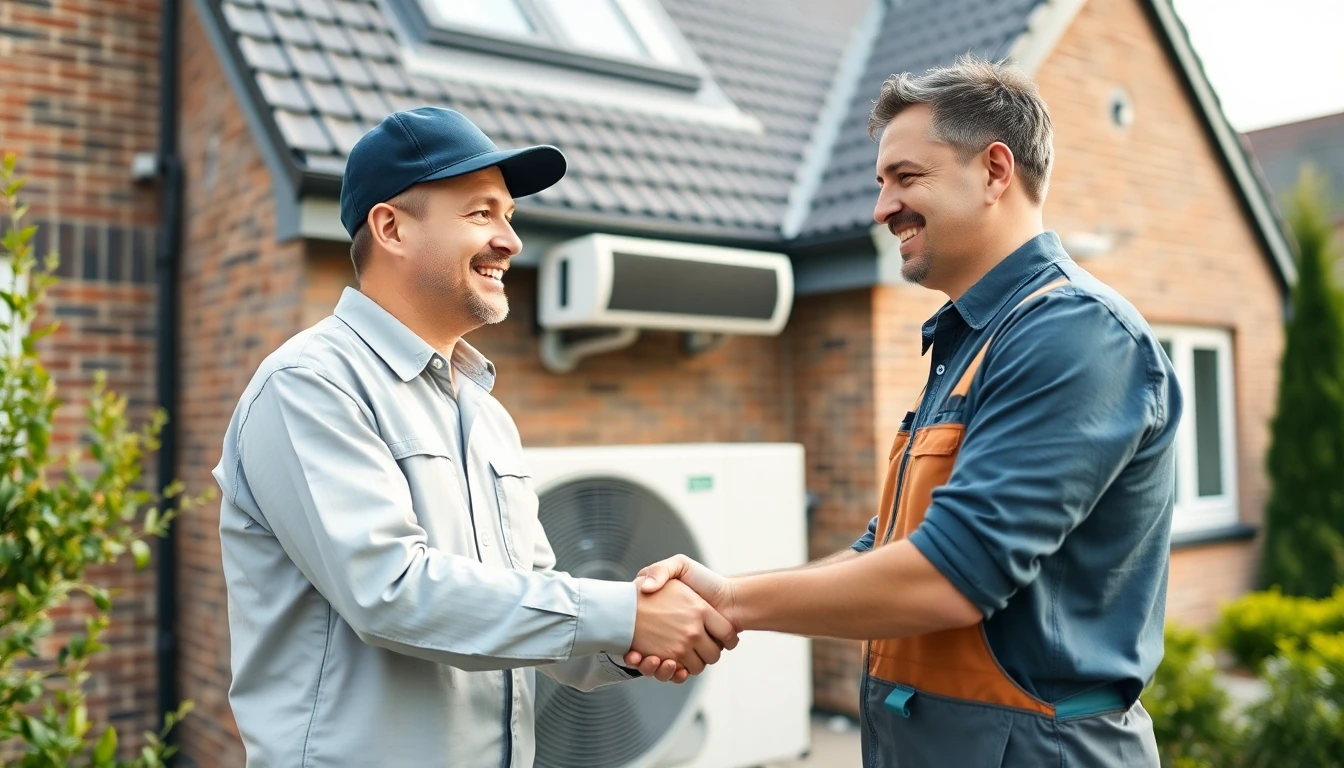 Installateur en woningeigenaar schudden handen voor een woning
