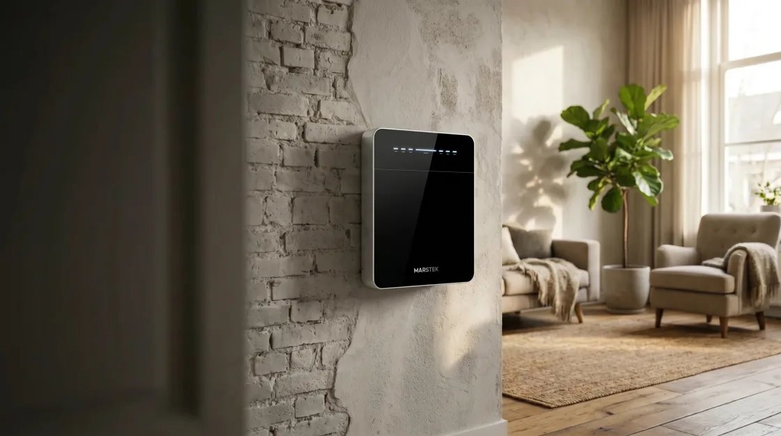 Marstek Venus thuisbatterij aan de wand in een woonkamer