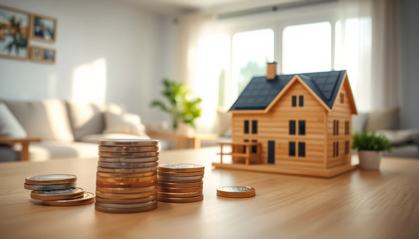 Sparen voor verduurzaming: euromunten naast een modelwoning met zonnepanelen