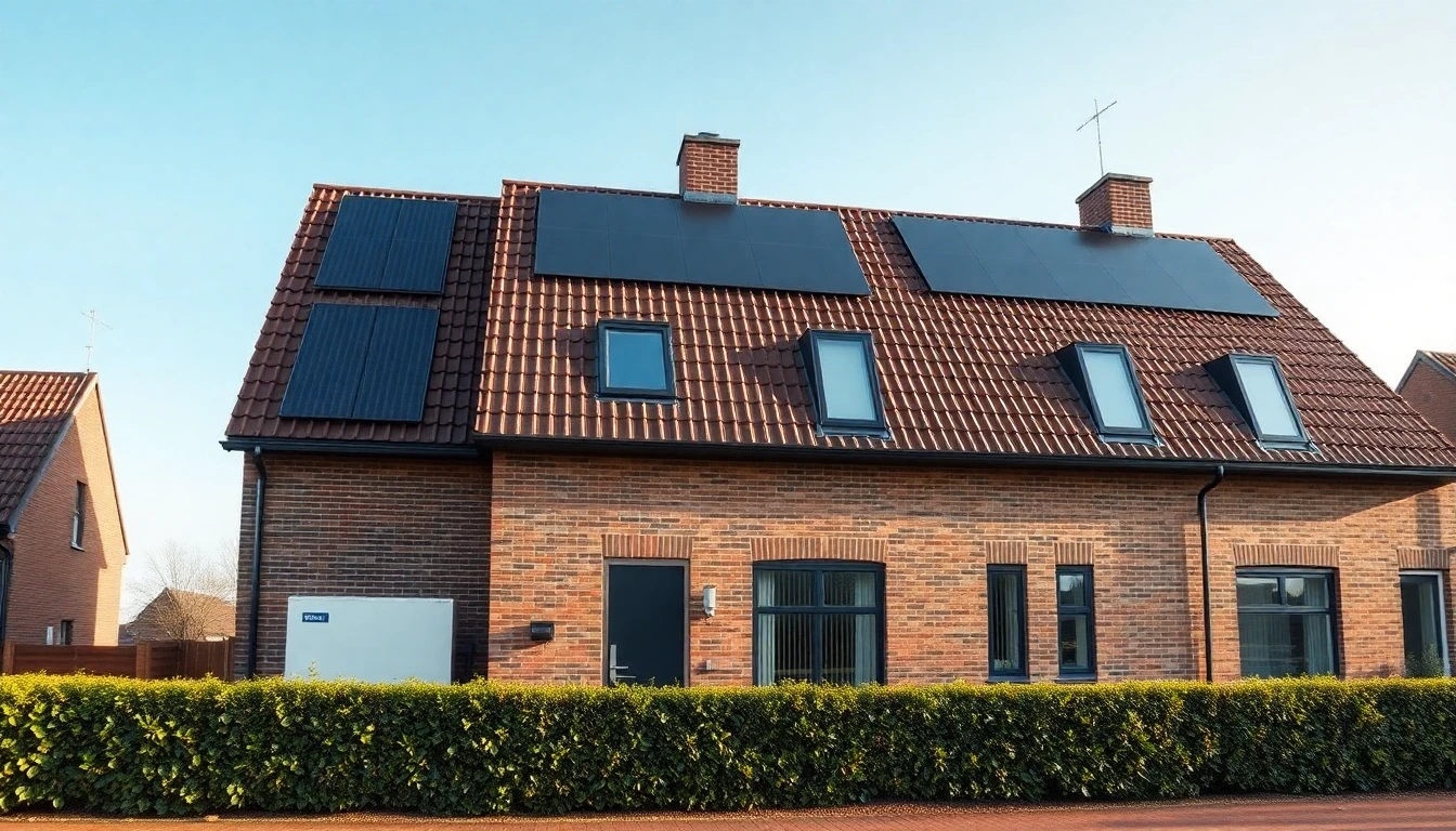 Verduurzaamde Nederlandse woning met zonnepanelen op het dak en een warmtepomp naast de gevel