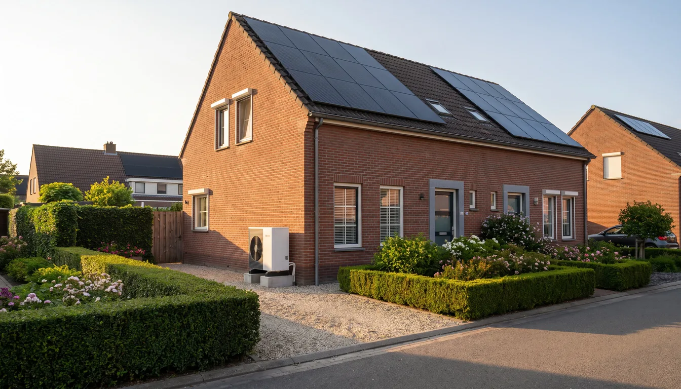 Twee-onder-een-kapwoning met zonnepanelen op het dak en een witte buitenunit van een lucht-waterwarmtepomp aan de zijgevel