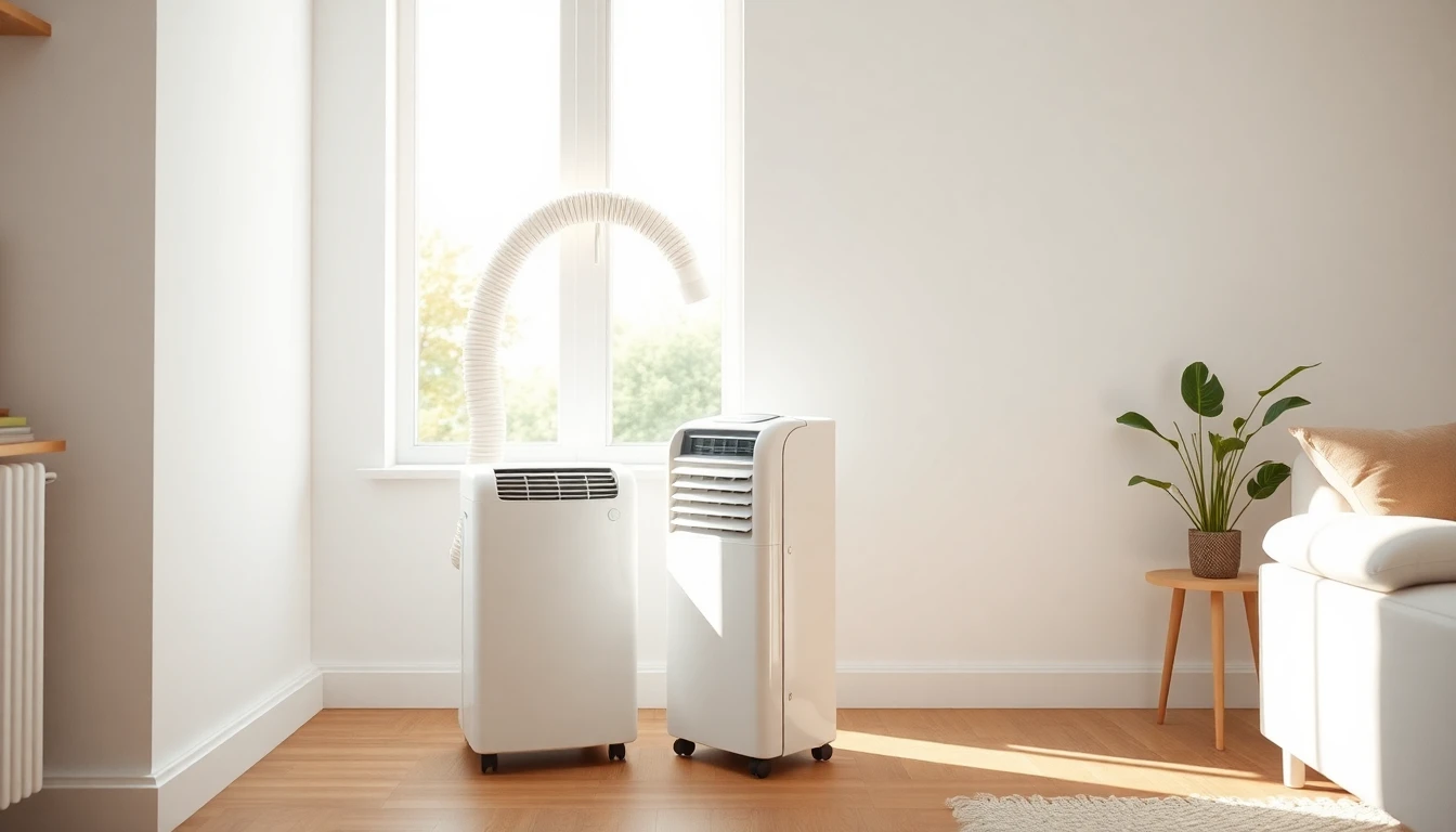 Mobiele airco met afvoerslang in de woonkamer