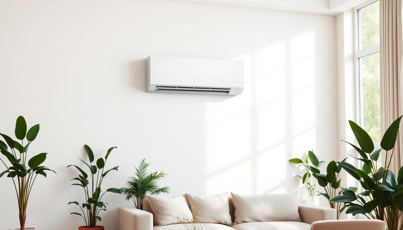 Wandgemonteerde split-airco in een moderne lichte woonkamer