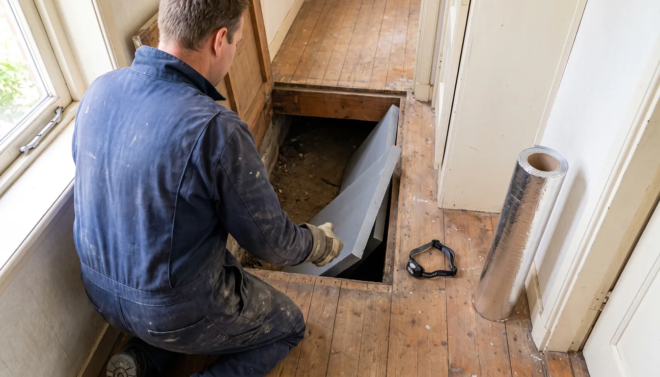 Installateur laat isolatieplaten door een open vloerluik in een kruipruimte zakken, met een rol isolatiefolie en een hoofdlamp naast het luik