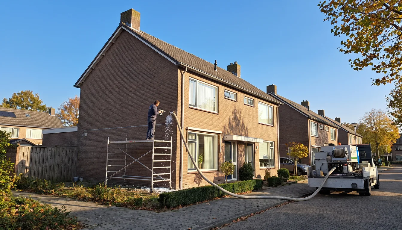 Installateur op een steiger boort gaten in de bakstenen spouwmuur van een twee-onder-een-kapwoning en blaast isolatie in via een slang vanaf een bus