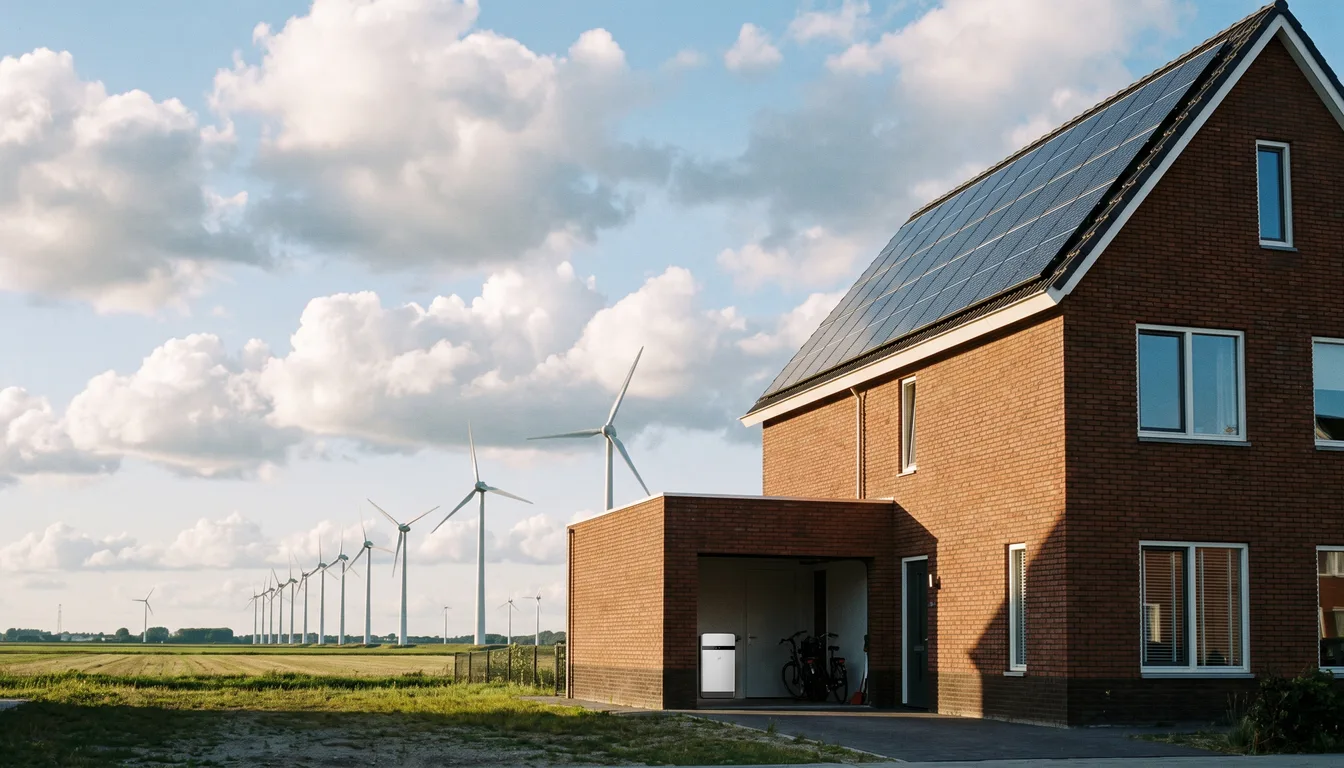 Nieuwbouwwoning in Flevoland met zonnepanelen op het dak en een thuisbatterij in de open garage, met windmolens in het polderlandschap