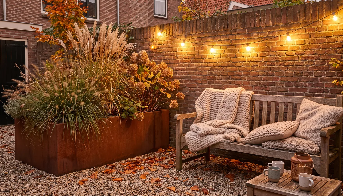 Kleine stadstuin in het najaar met cortenstalen plantenbak, siergrassen, houten bank met dekens en lichtsnoeren tegen een bakstenen muur