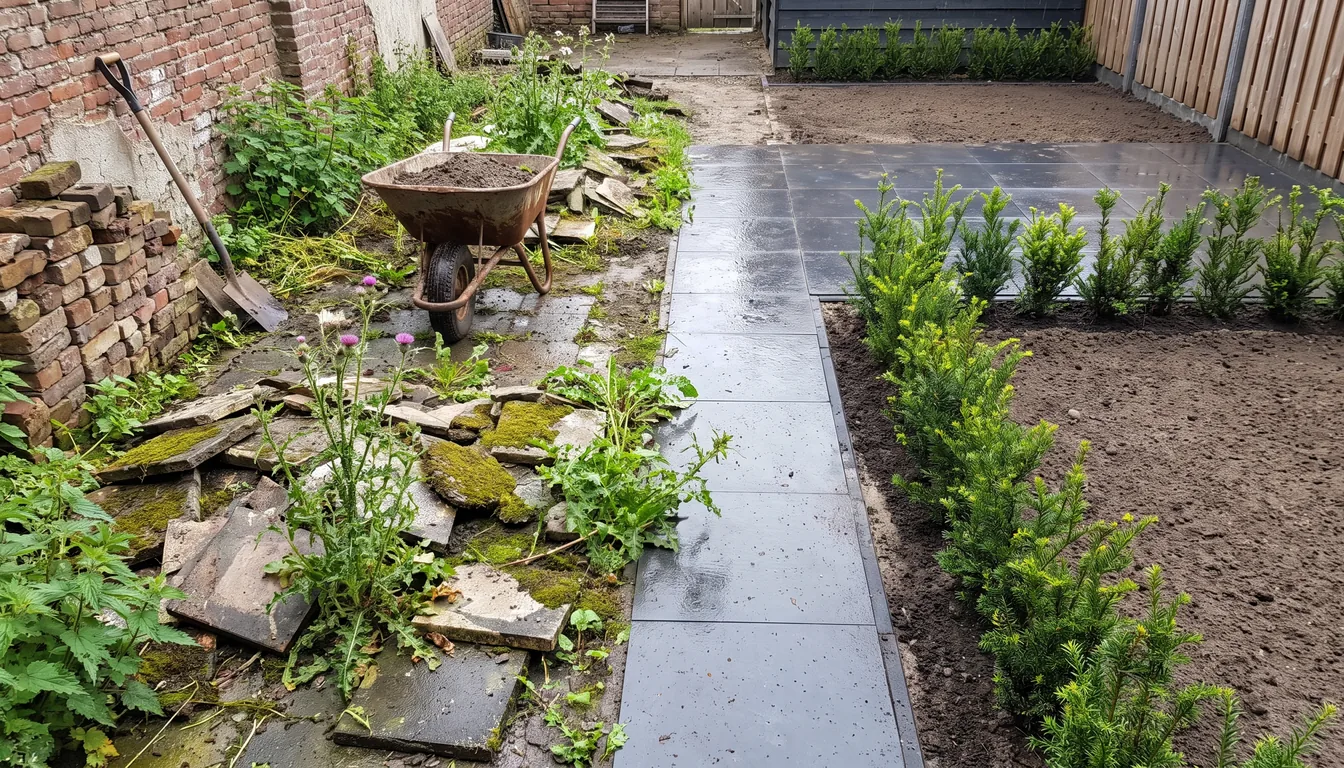 Achtertuin halverwege een renovatie: links oude gebroken tegels en onkruid, rechts nieuwe grote terrastegels en een jonge haag, met kruiwagen en schep