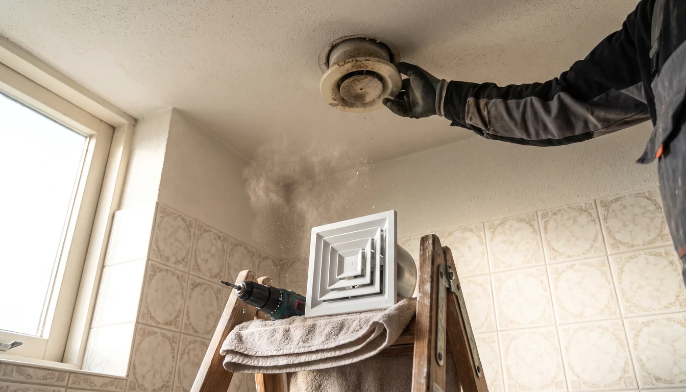 Oud afzuigventiel in een badkamerplafond wordt vervangen door een nieuw toevoerventiel voor balansventilatie
