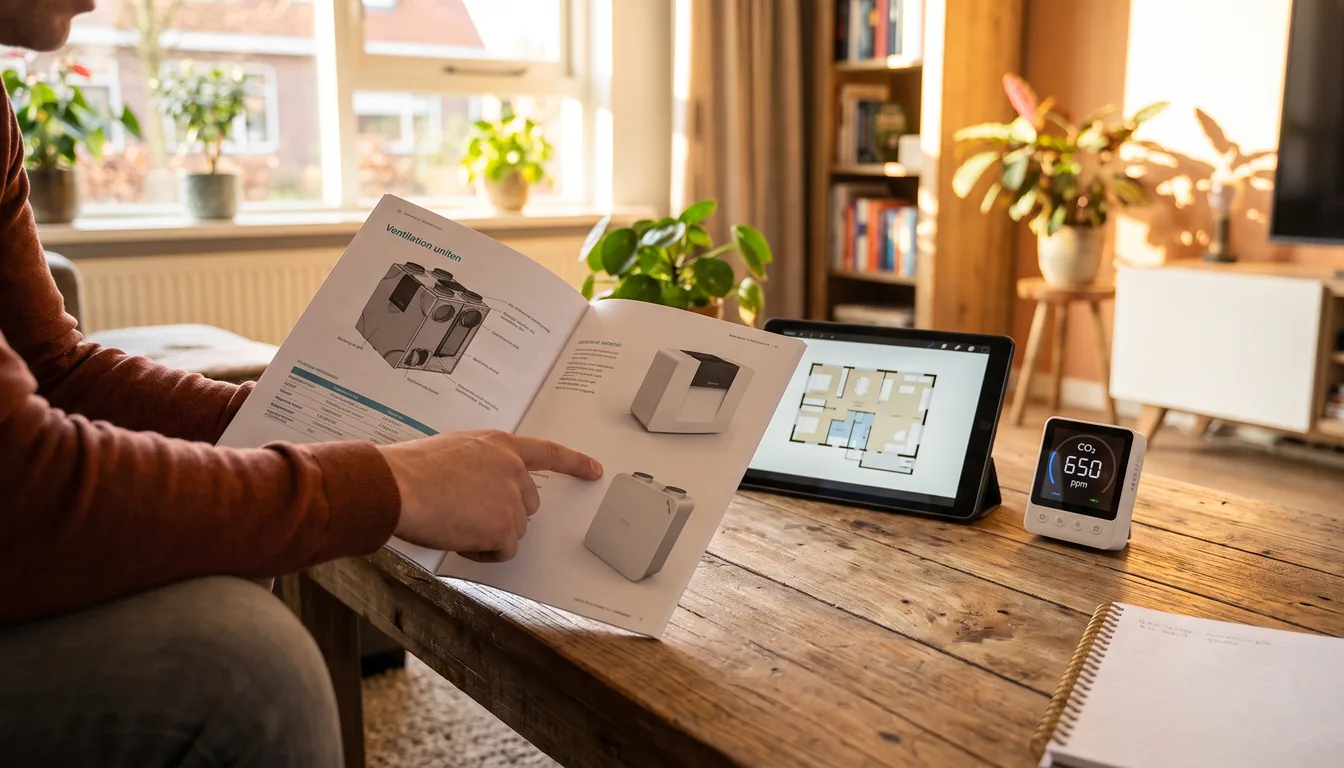 Twee productbrochures van WTW-units naast een tablet met een plattegrond en een CO2-meter op een houten tafel