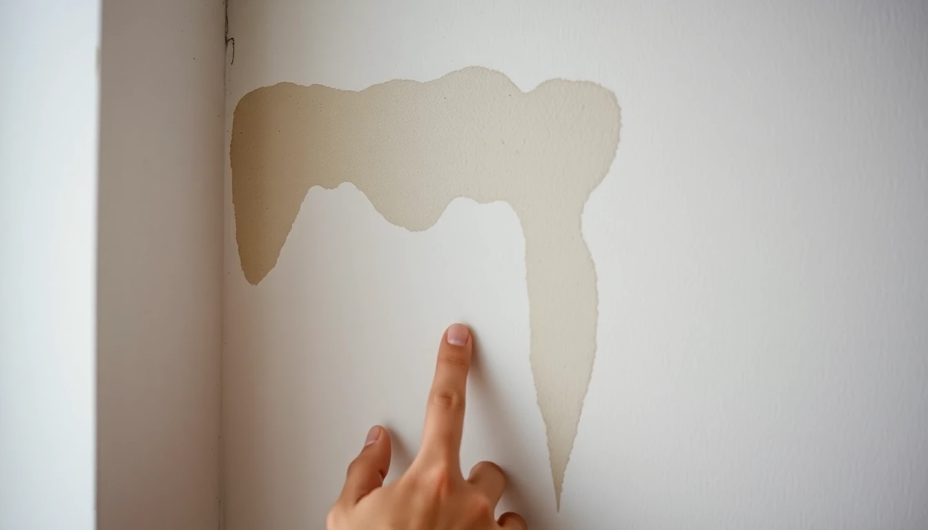 Vochtplekken en condens in hoek van Nederlandse muur, hand wijst probleem aan